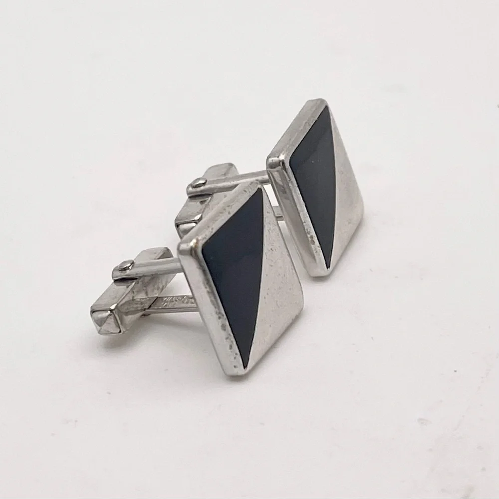 Elegant Vintage Anson Silver Tone a Black Cufflinks With Geometric Block Design